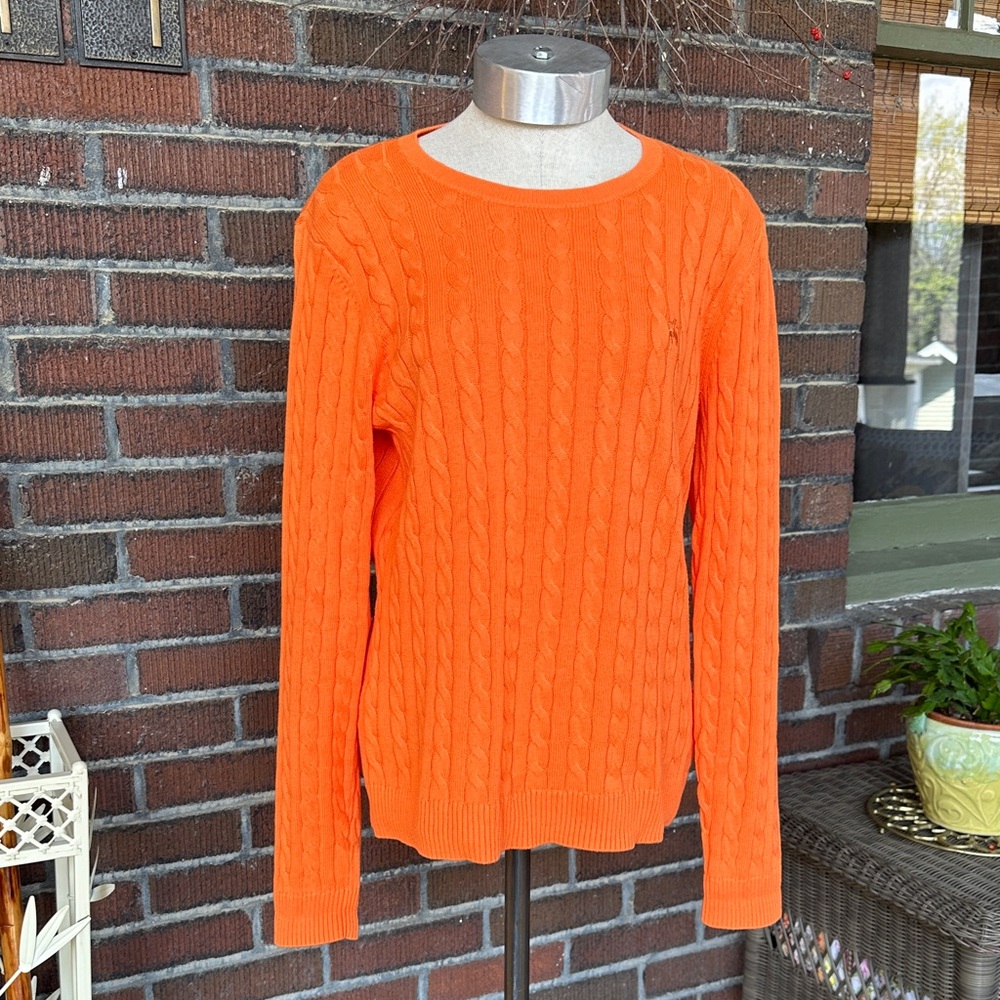 Brooks Brothers lightweight cotton orange cable knit crew neck sweater. Sz Large